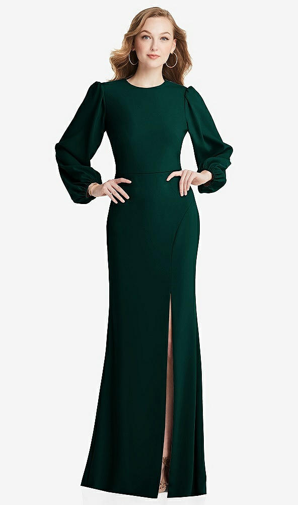 Back View - Evergreen Long Puff Sleeve Maxi Dress with Cutout Tie-Back