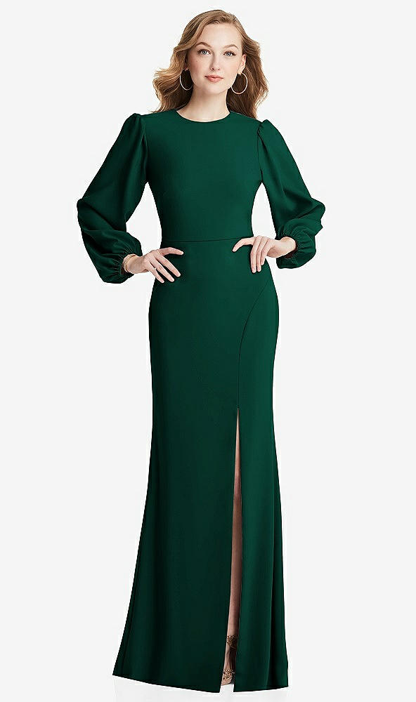 Back View - Hunter Green Long Puff Sleeve Maxi Dress with Cutout Tie-Back