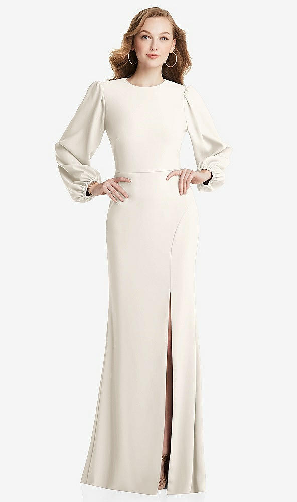 Back View - Ivory Long Puff Sleeve Maxi Dress with Cutout Tie-Back