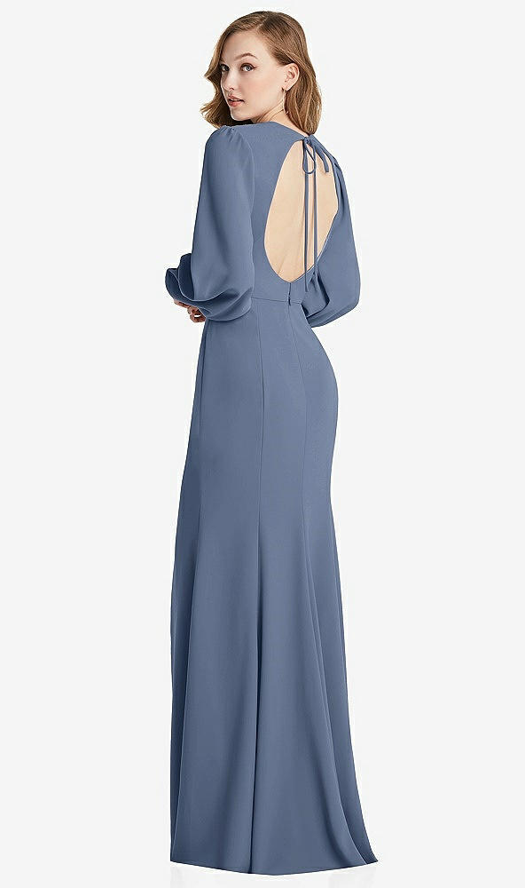 Front View - Larkspur Blue Long Puff Sleeve Maxi Dress with Cutout Tie-Back