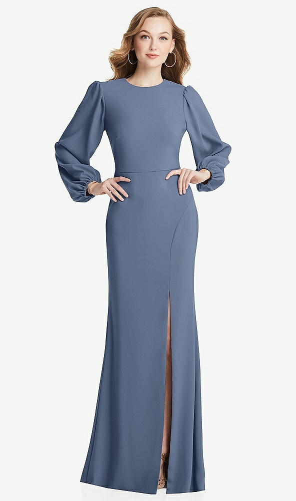 Back View - Larkspur Blue Long Puff Sleeve Maxi Dress with Cutout Tie-Back