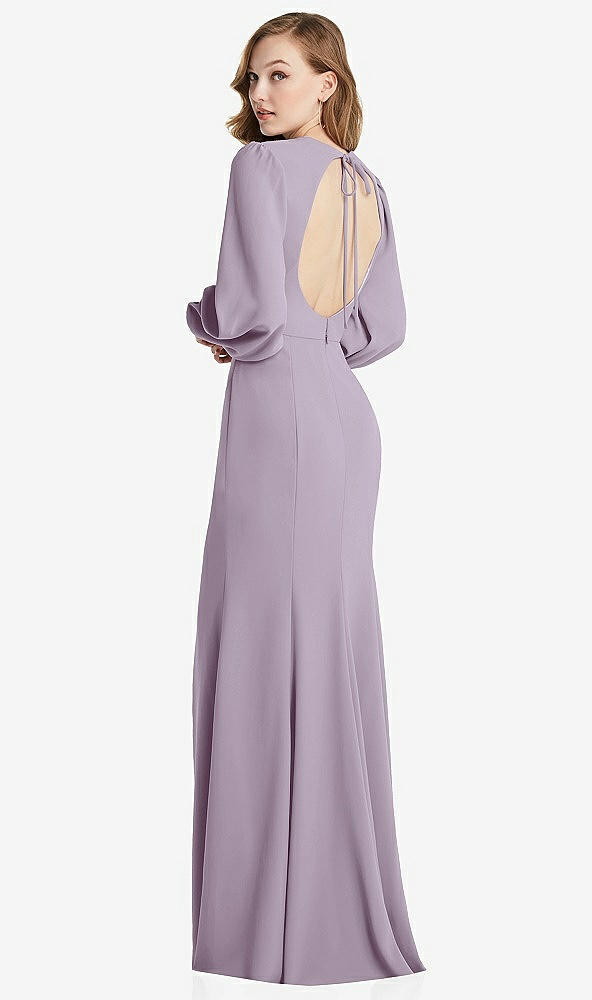 Front View - Lilac Haze Long Puff Sleeve Maxi Dress with Cutout Tie-Back