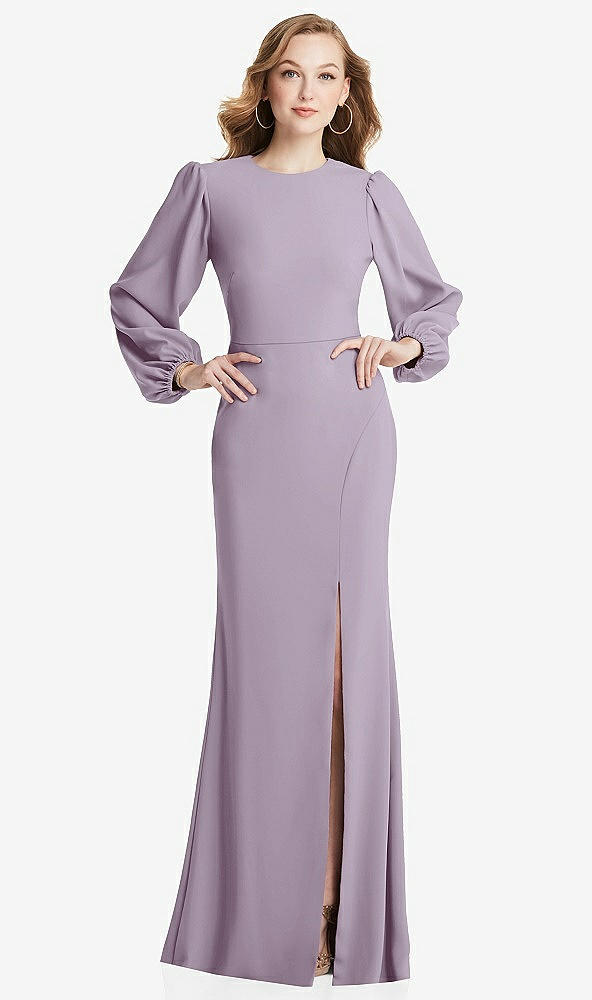 Back View - Lilac Haze Long Puff Sleeve Maxi Dress with Cutout Tie-Back