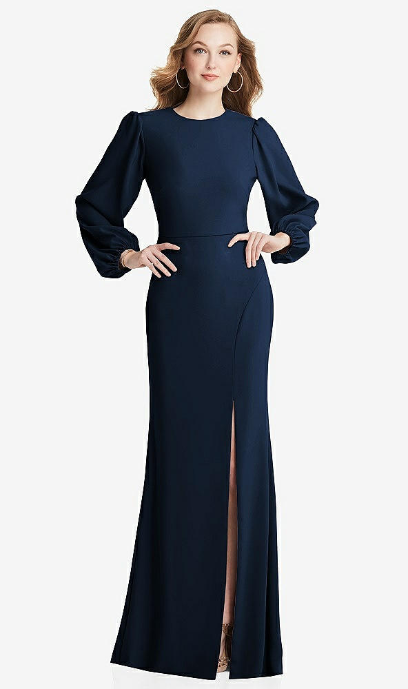 Back View - Midnight Navy Long Puff Sleeve Maxi Dress with Cutout Tie-Back