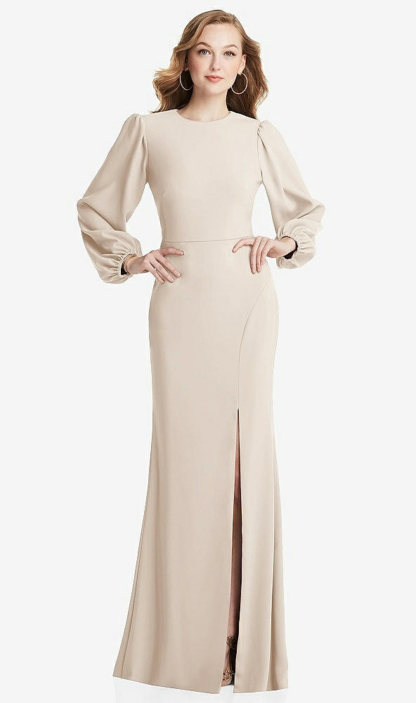 Back View - Oat Long Puff Sleeve Maxi Dress with Cutout Tie-Back
