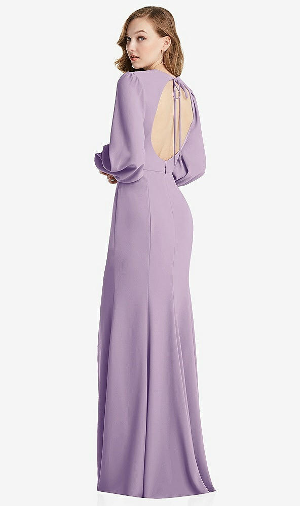 Front View - Pale Purple Long Puff Sleeve Maxi Dress with Cutout Tie-Back