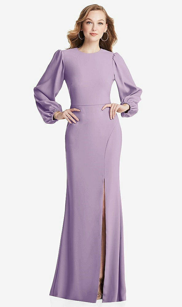 Back View - Pale Purple Long Puff Sleeve Maxi Dress with Cutout Tie-Back