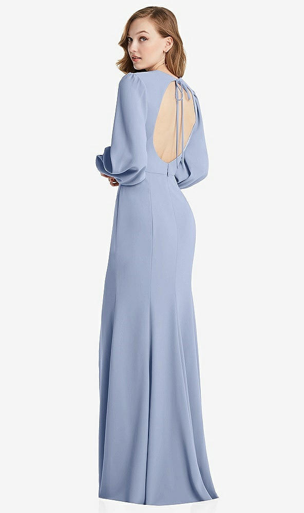 Front View - Sky Blue Long Puff Sleeve Maxi Dress with Cutout Tie-Back