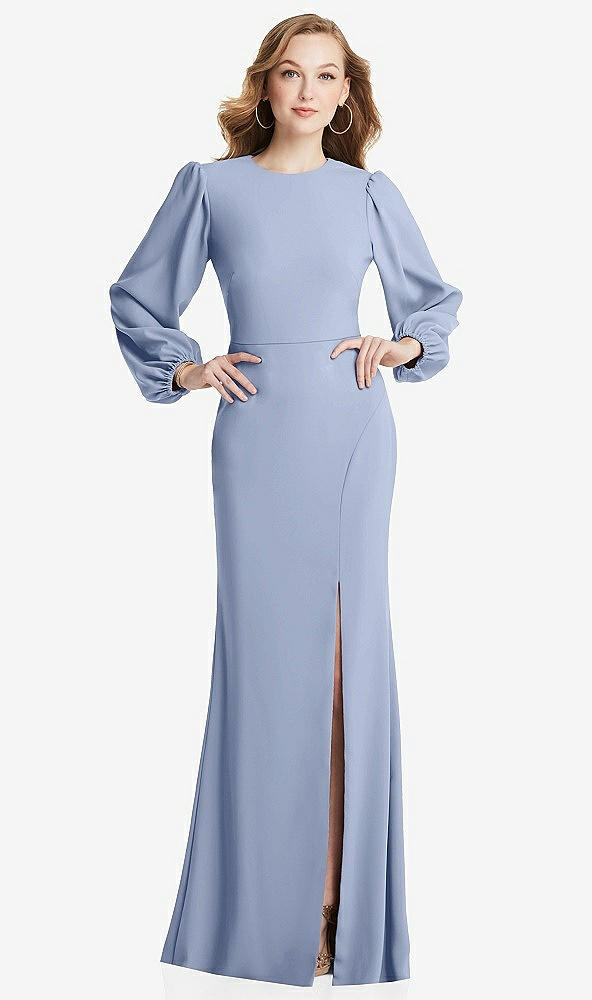 Back View - Sky Blue Long Puff Sleeve Maxi Dress with Cutout Tie-Back