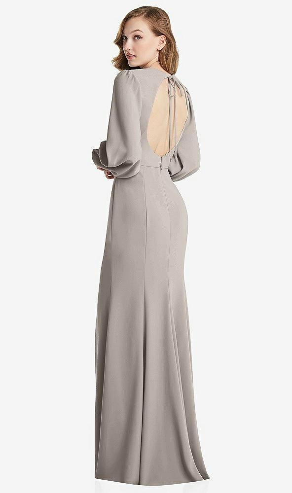 Front View - Taupe Long Puff Sleeve Maxi Dress with Cutout Tie-Back
