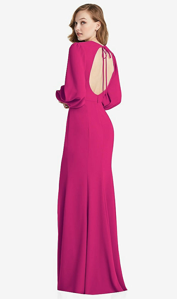 Front View - Think Pink Long Puff Sleeve Maxi Dress with Cutout Tie-Back