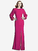 Rear View Thumbnail - Think Pink Long Puff Sleeve Maxi Dress with Cutout Tie-Back
