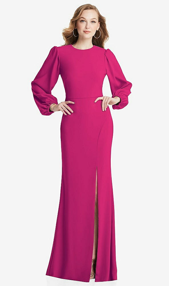 Back View - Think Pink Long Puff Sleeve Maxi Dress with Cutout Tie-Back