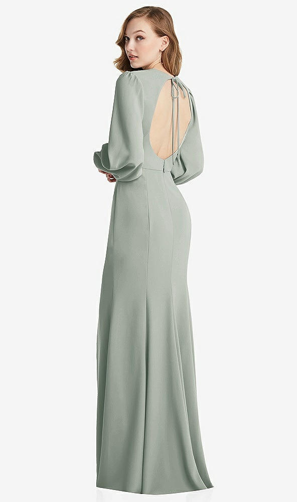 Front View - Willow Green Long Puff Sleeve Maxi Dress with Cutout Tie-Back