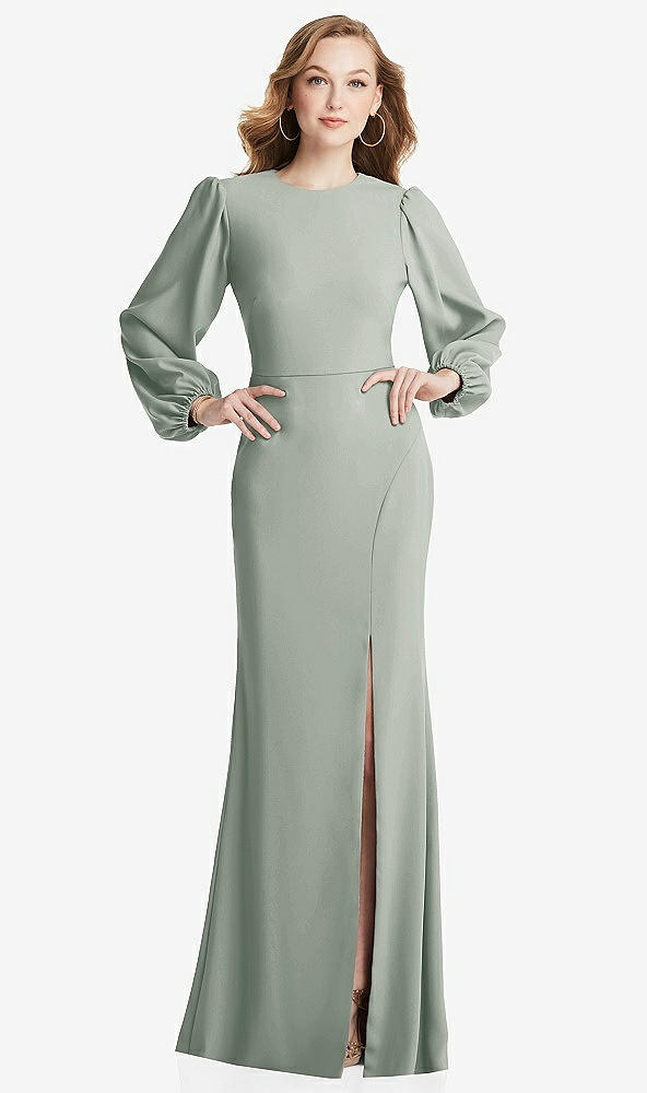 Back View - Willow Green Long Puff Sleeve Maxi Dress with Cutout Tie-Back