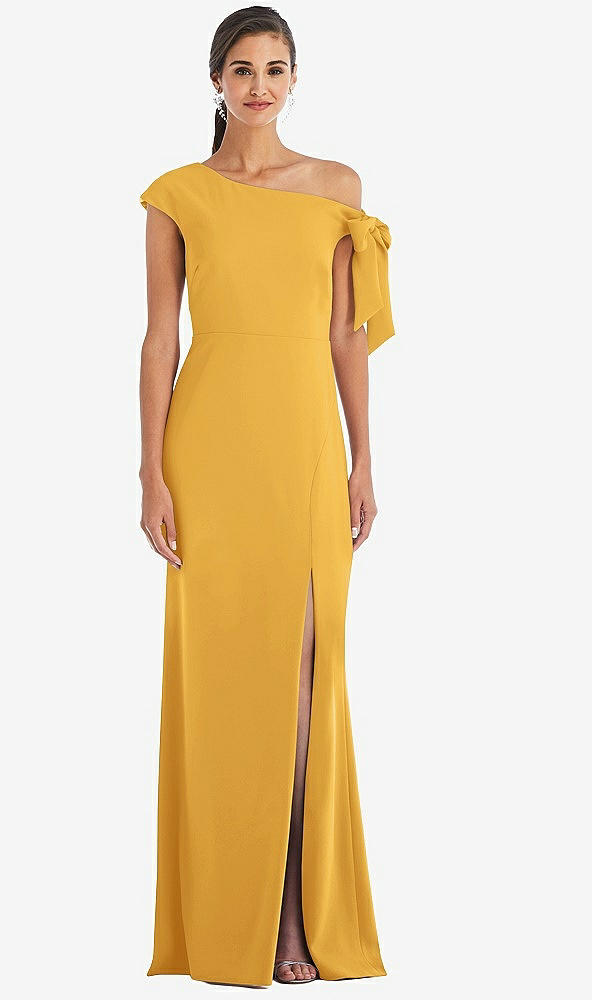 Front View - NYC Yellow Off-the-Shoulder Tie Detail Trumpet Gown with Front Slit