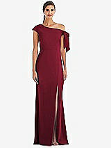 Front View Thumbnail - Burgundy Off-the-Shoulder Tie Detail Trumpet Gown with Front Slit