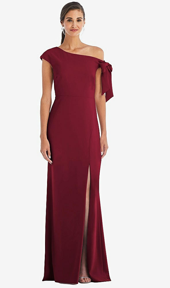 Front View - Burgundy Off-the-Shoulder Tie Detail Trumpet Gown with Front Slit