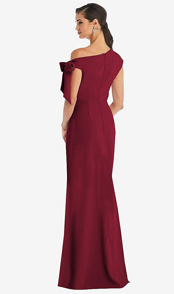 Back View - Burgundy Off-the-Shoulder Tie Detail Trumpet Gown with Front Slit