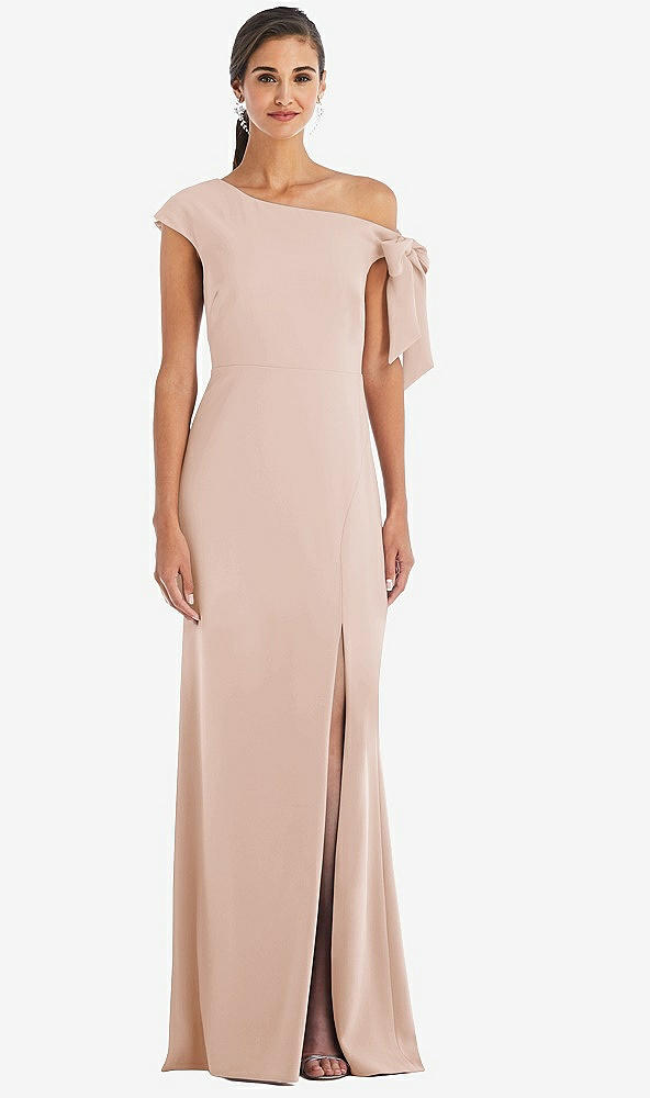 Front View - Cameo Off-the-Shoulder Tie Detail Trumpet Gown with Front Slit