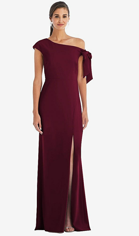 Front View - Cabernet Off-the-Shoulder Tie Detail Trumpet Gown with Front Slit