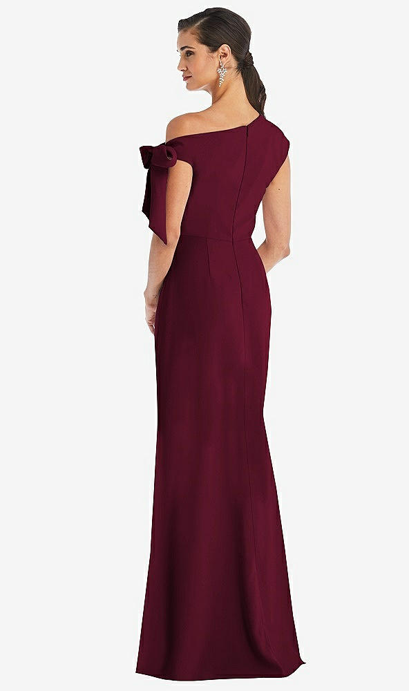 Back View - Cabernet Off-the-Shoulder Tie Detail Trumpet Gown with Front Slit