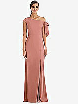 Front View Thumbnail - Desert Rose Off-the-Shoulder Tie Detail Trumpet Gown with Front Slit