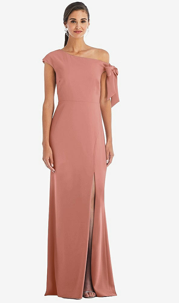 Front View - Desert Rose Off-the-Shoulder Tie Detail Trumpet Gown with Front Slit