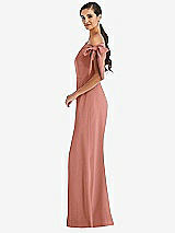 Side View Thumbnail - Desert Rose Off-the-Shoulder Tie Detail Trumpet Gown with Front Slit