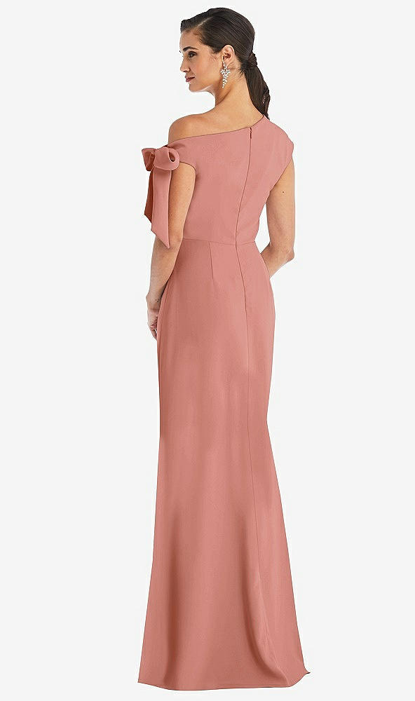 Back View - Desert Rose Off-the-Shoulder Tie Detail Trumpet Gown with Front Slit