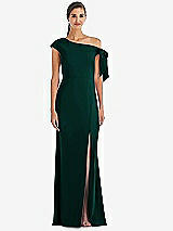 Front View Thumbnail - Evergreen Off-the-Shoulder Tie Detail Trumpet Gown with Front Slit