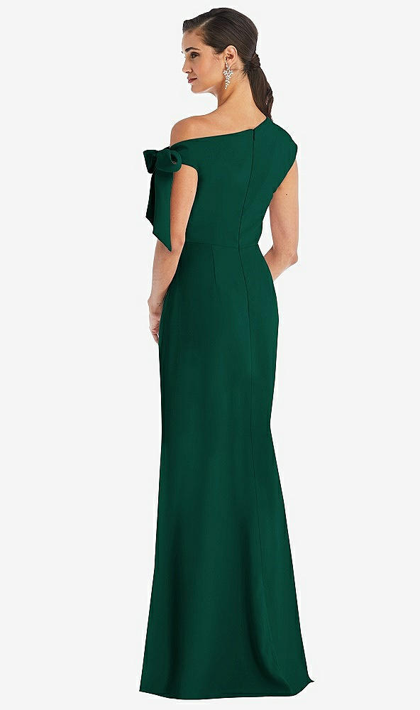 Back View - Hunter Green Off-the-Shoulder Tie Detail Trumpet Gown with Front Slit
