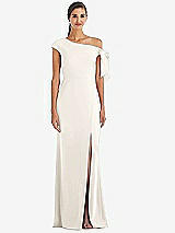 Front View Thumbnail - Ivory Off-the-Shoulder Tie Detail Trumpet Gown with Front Slit