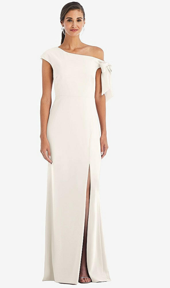 Front View - Ivory Off-the-Shoulder Tie Detail Trumpet Gown with Front Slit