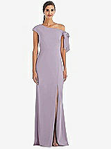Front View Thumbnail - Lilac Haze Off-the-Shoulder Tie Detail Trumpet Gown with Front Slit