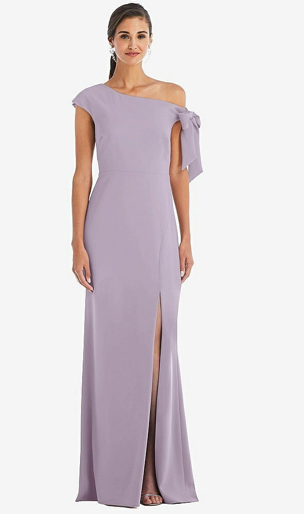 Front View - Lilac Haze Off-the-Shoulder Tie Detail Trumpet Gown with Front Slit