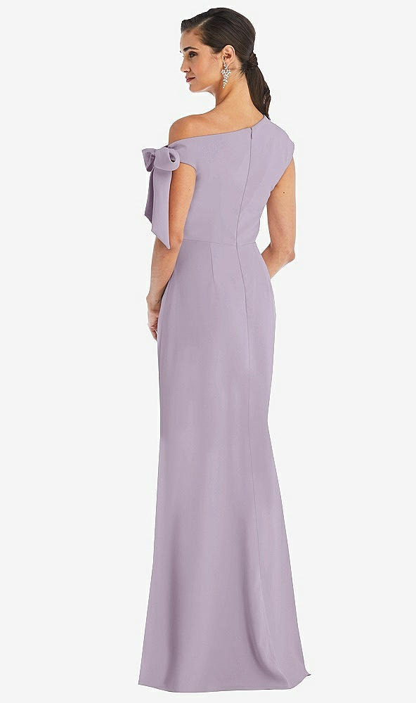Back View - Lilac Haze Off-the-Shoulder Tie Detail Trumpet Gown with Front Slit