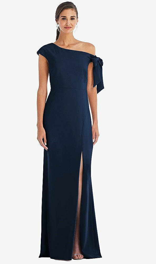 Front View - Midnight Navy Off-the-Shoulder Tie Detail Trumpet Gown with Front Slit