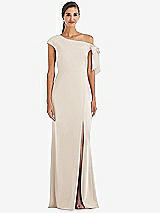 Front View Thumbnail - Oat Off-the-Shoulder Tie Detail Trumpet Gown with Front Slit
