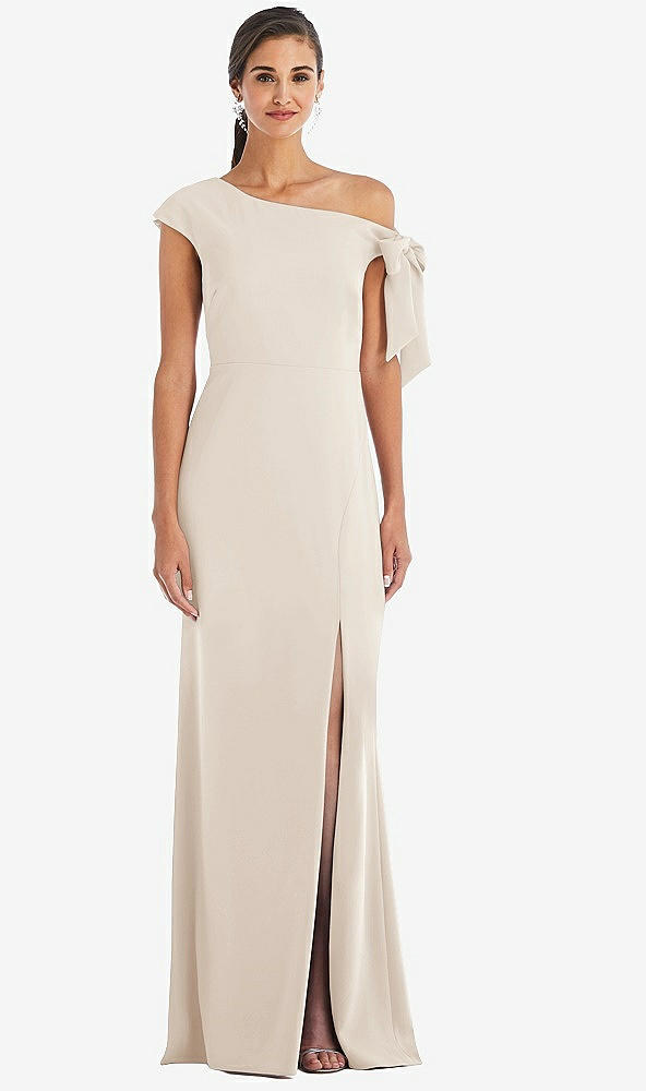 Front View - Oat Off-the-Shoulder Tie Detail Trumpet Gown with Front Slit