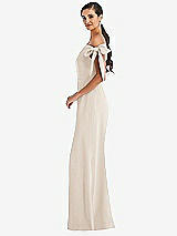 Side View Thumbnail - Oat Off-the-Shoulder Tie Detail Trumpet Gown with Front Slit