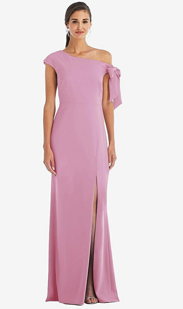 Front View - Powder Pink Off-the-Shoulder Tie Detail Trumpet Gown with Front Slit