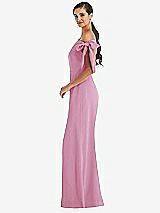 Side View Thumbnail - Powder Pink Off-the-Shoulder Tie Detail Trumpet Gown with Front Slit
