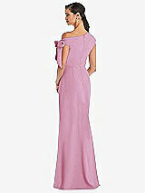 Rear View Thumbnail - Powder Pink Off-the-Shoulder Tie Detail Trumpet Gown with Front Slit