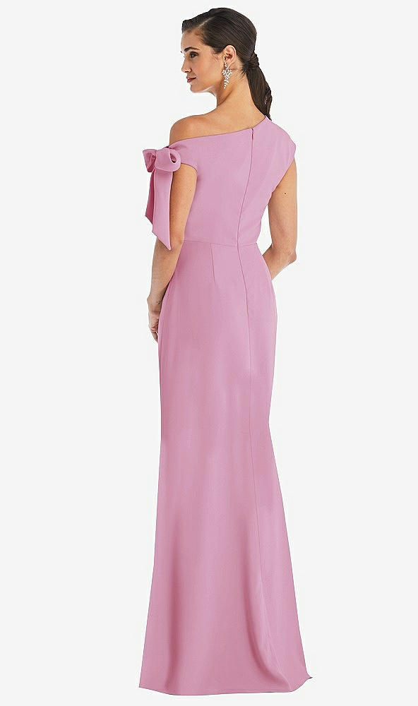 Back View - Powder Pink Off-the-Shoulder Tie Detail Trumpet Gown with Front Slit