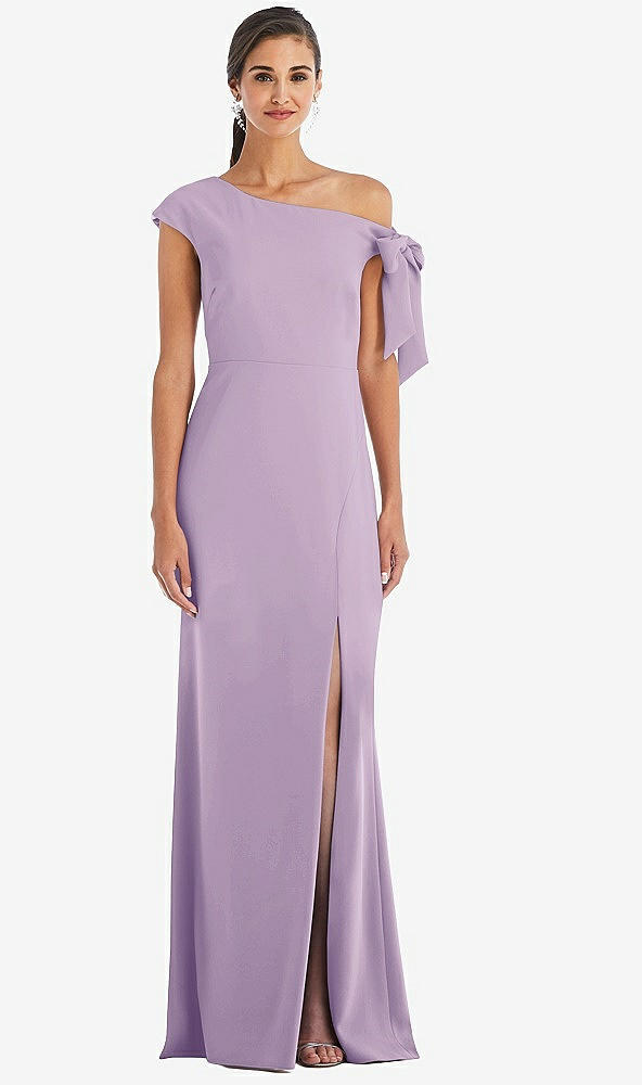 Front View - Pale Purple Off-the-Shoulder Tie Detail Trumpet Gown with Front Slit