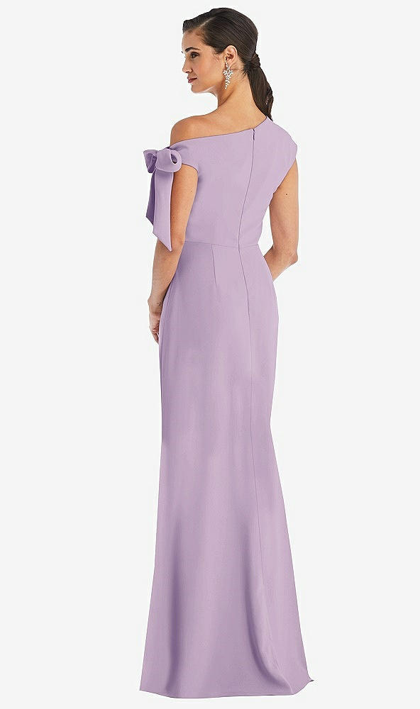 Back View - Pale Purple Off-the-Shoulder Tie Detail Trumpet Gown with Front Slit