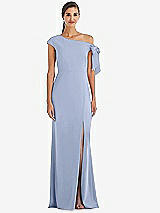 Front View Thumbnail - Sky Blue Off-the-Shoulder Tie Detail Trumpet Gown with Front Slit