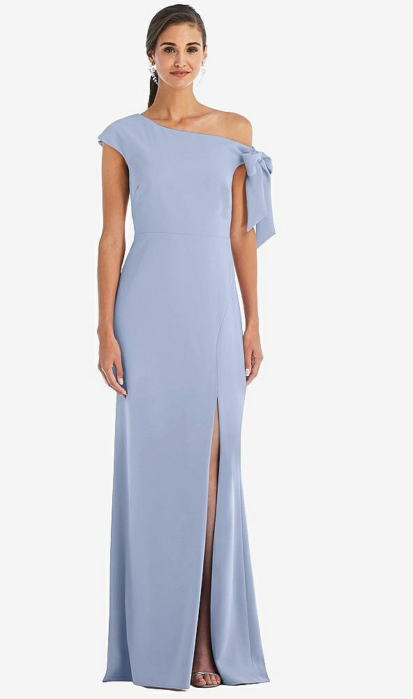 Front View - Sky Blue Off-the-Shoulder Tie Detail Trumpet Gown with Front Slit