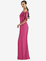 Side View Thumbnail - Tea Rose Off-the-Shoulder Tie Detail Trumpet Gown with Front Slit